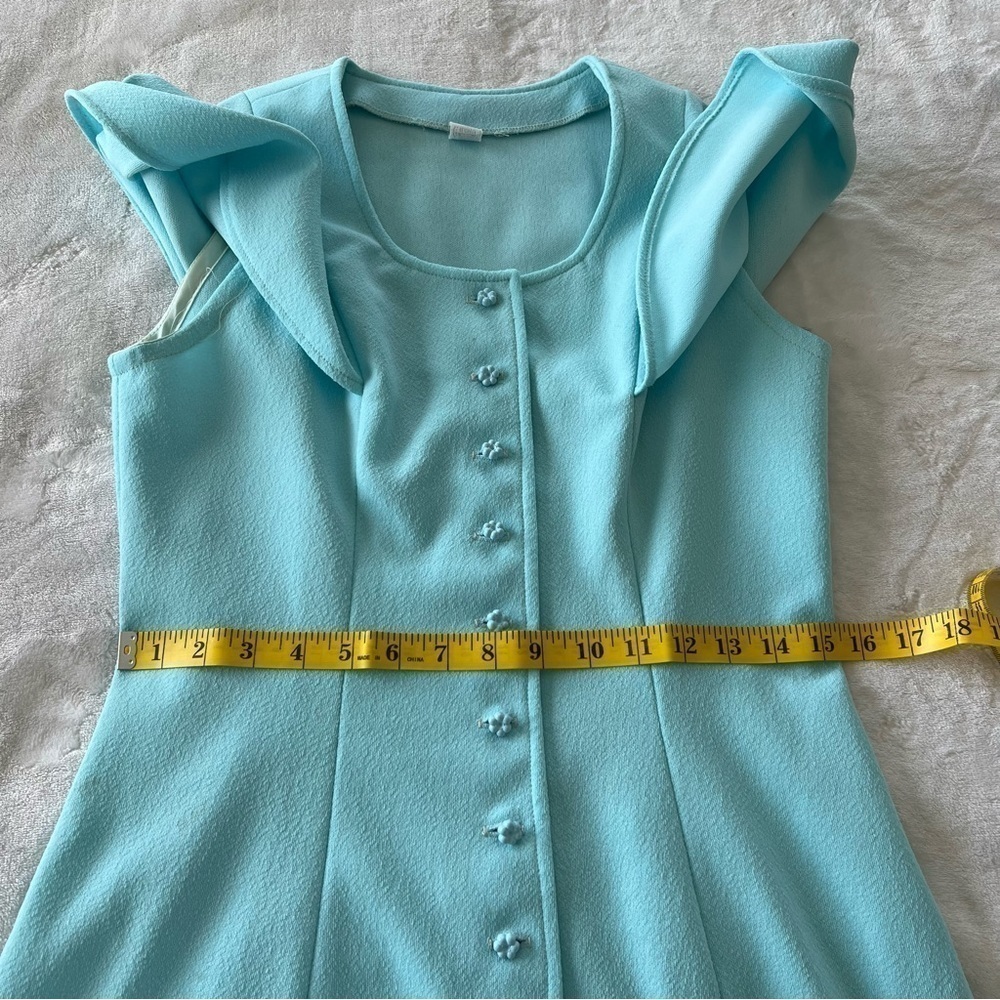 VINTAGE USA Union Made Blue Flutter Sleeve Button Up Dress - Picture 6 of 7